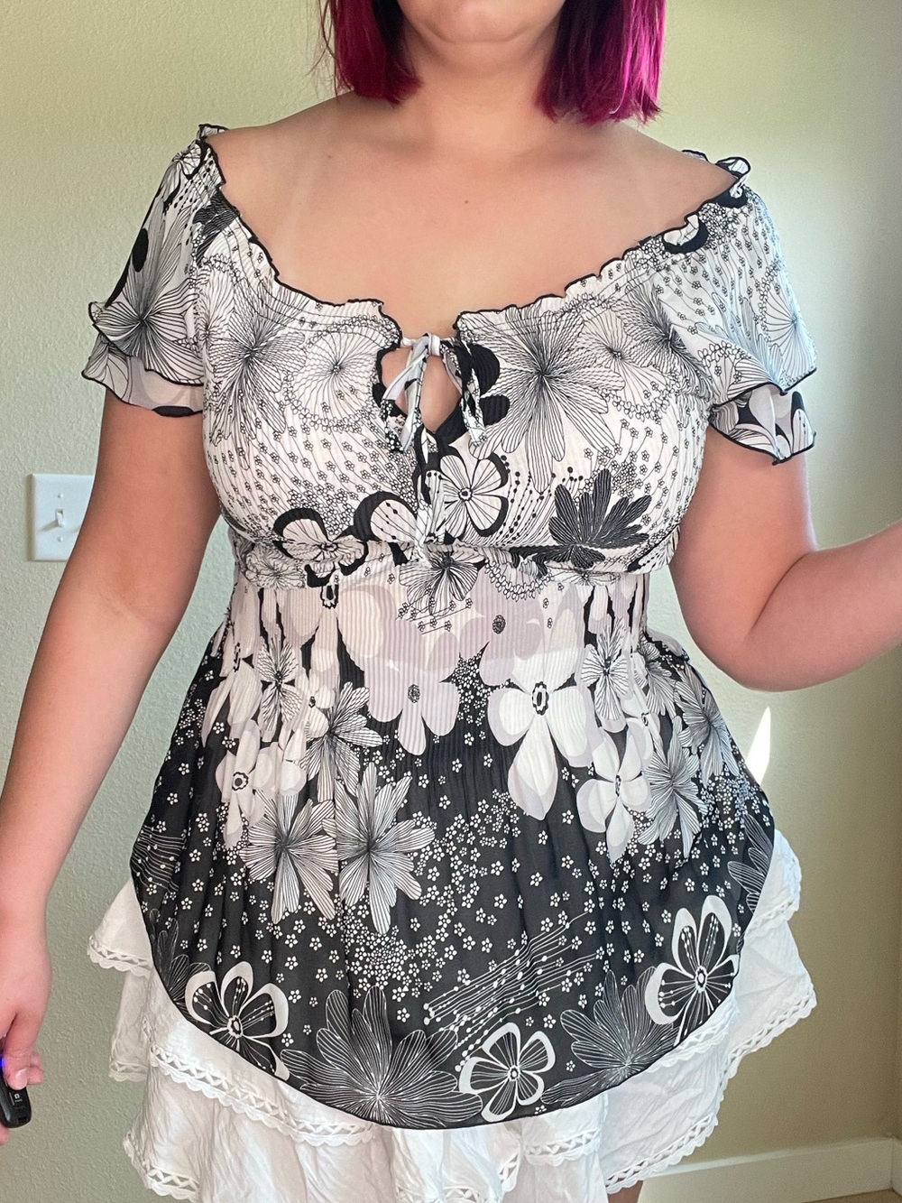 Flirty feminine Nicola Floral Black and White Women's Top